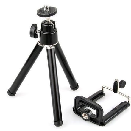 Mini Tripie + Clip Para Cualquier Celular (Altura Maxima 23 CM) Negro y Plata