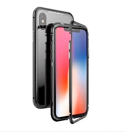 Funda Magnetica Para iPhone 6 6s 7 8 X XS Max Xr  Bumper Aluminio Negro y Mica Cristal Templado Parte Trasera