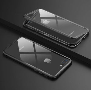 Funda Magnetica Para iPhone 6 6s 7 8 X XS Max Xr  Bumper Aluminio Negro y Mica Cristal Templado Parte Trasera
