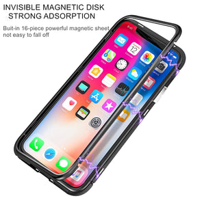 Funda Magnetica Para iPhone 6 6s 7 8 X XS Max Xr  Bumper Aluminio Negro y Mica Cristal Templado Parte Trasera